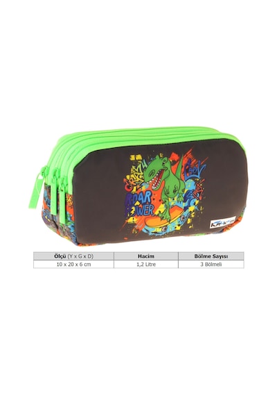 Kaukko Kids Street Dinazor Baskılı Siyah - Yeşil Erkek Çocuk Okul Kalemliği Kalem Çantası - L5416 Çok Renkli