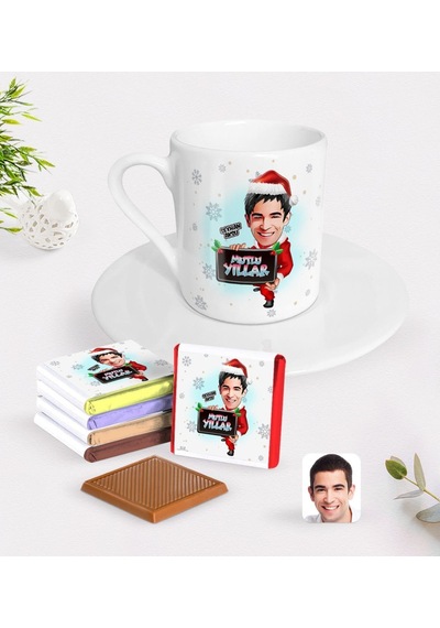 Kişiye Özel Erkek Yeni Yıl Karikatürlü Türk Kahvesi Fincanı Ve Çikolata Hediye Seti-1