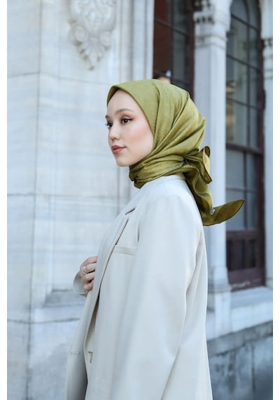 Eşarp - Premium Lux Original Monogram Eşarp İpek Vual, Yüksek Kalite, Hafif, Rahat, Şık, Scarf Yağ Yeşili