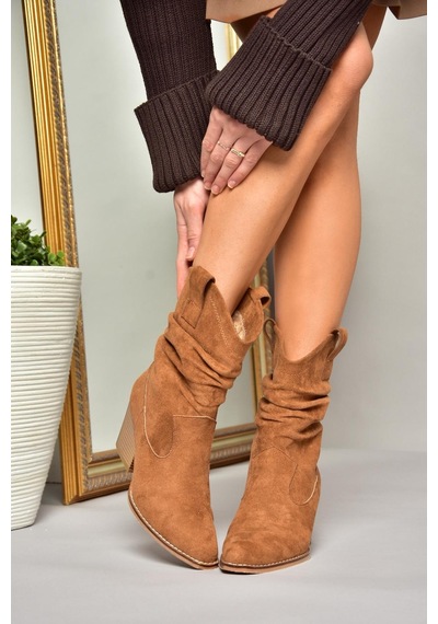 Fox Shoes T296713002 Taba Süet Kalın Topuklu Kadın Bot Taba-Süet Taba