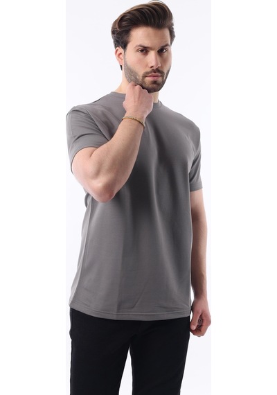 Madmext Füme Bisiklet Yaka Basic Kısa Kollu Tişört 7042 Füme