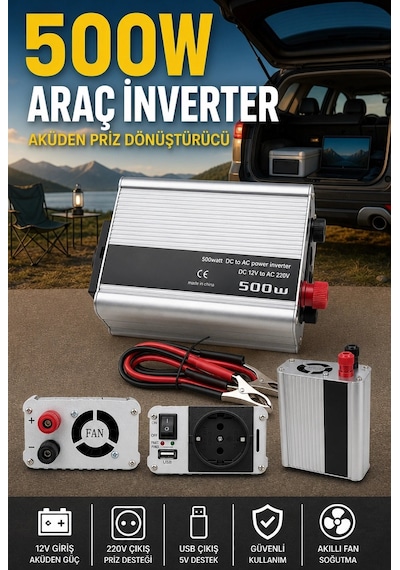 Fanlı 500w Dc Ac İnverter 12v Akü Girişi 220v Priz Usb Çıkışı Taşınabilir Dönüştürücü