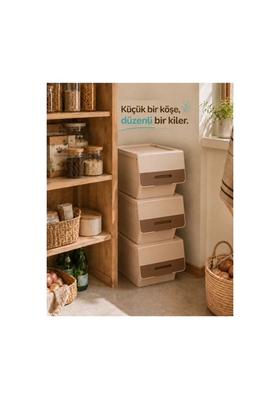 3 Katlı Tekerlekli Kapaklı Saklama Kutusu, Eşya Ve Erzak Organizer 3x12 Litre Kahverengi Bej Bej