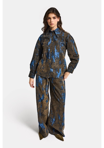 Itsbasic Kadın Kahve Mavi 1s6-15 Oversize Özel Flok Kumaş Tasarım Denim Gömlek