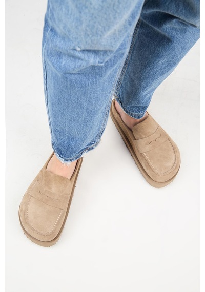 Manijero Ziva Kadın Hakiki Deri Loafer Platform Vizon Terlik