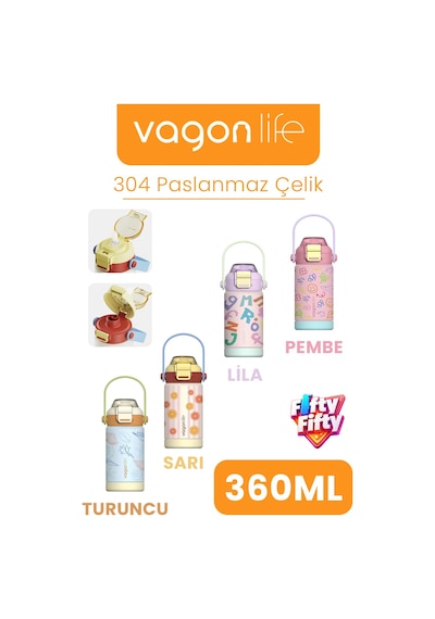 360 Ml Çocuk Termosu Tek Kapak Çift Kullanım Pipetli Rahat İçim Kulplu Paslanmaz Çelik Termos 1104-360ml Pembe
