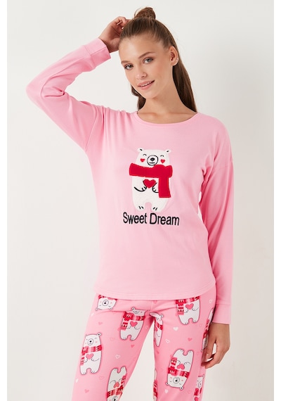 Lela Streç Standart Fit Bisiklet Yaka Desenli Bayan Pijama Takımı 6095700 Pembe