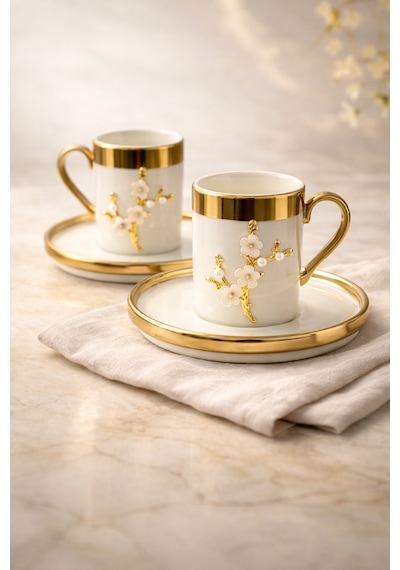 2 Kişilik Lüks Beyaz Gold Yaldızlı İnci Lotus Dallı Kahve Fincan Takımı Seti 100ml