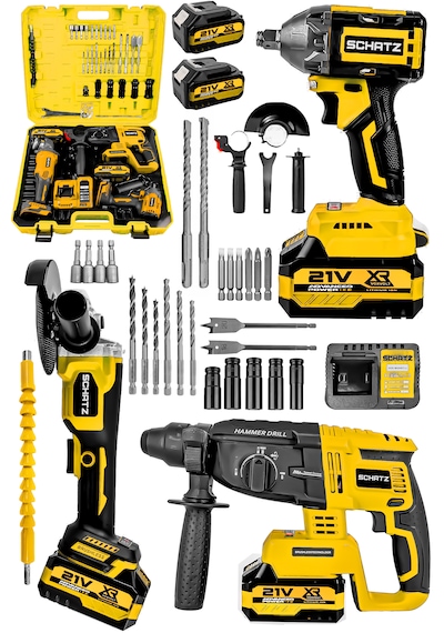Schatz 21v Kömürsüz Çift Akülü Şarjlı 3'lü Set Spiral Taşlama + Kırıcı Delici Hilti + Somun Sıkma Sökme Makinesi Sarı
