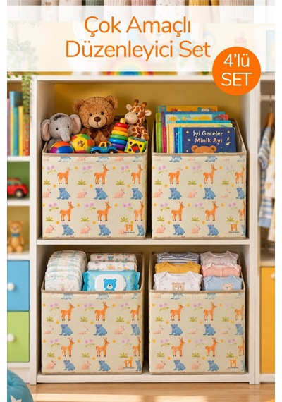 4'lü Animals Kapaksız Kutu Oyuncak Çamaşır Saklama Kutusu Dolap İçi Organizer Düzenleyici 30x30x30 Krem