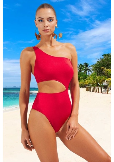 Ersefa Kadın Moda Atma Kap Cut Out Tek Kol Carmen Yaka Siyah Tek Omuz Cu Kırmızı