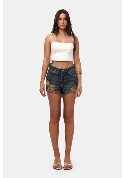 Itsbasic Kadın Koyu Kot 10s6 Mini Yırtık Detaylı Denim Şort