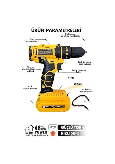 Prohummer Ph249 Akülü Plastik Mandren Darbesiz 58vf Vidalama Matkap Seti Sarı