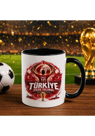 Bk Gift Türkiye Taraftar Temalı Dünya Futbol Kupası Tasarımlı Siyah Kupa Bardak-6 Tek Yürek Milli Takım Ruhu Beyaz
