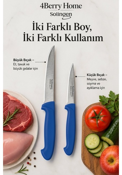 Solingen 2 Li Paslanmaz Çelik Mutfak Bıçağı Seti Et, Meyve Ve Sebze Bıçağı Mavi