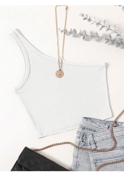 Liona Asimetrik Yaka Kolsuz Tek Omuz Askılı Beyaz Renk Fitilli Crop Top Bluz Beyaz