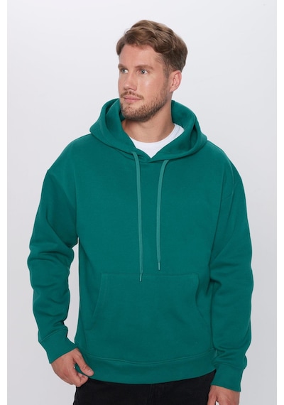 Tudors Unisex Oversize Geniş Kesim Pamuklu Yumuşak Dokulu İçi Polarlı Basic Yeşil Kapüşonlu Sweatshirt-29409 Yeşil