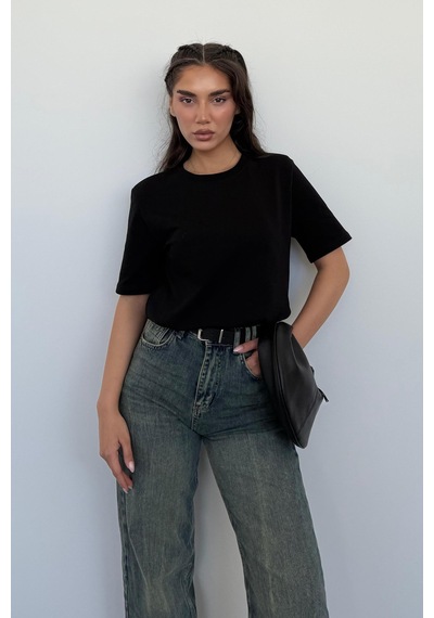 Madmext Siyah %100 Pamuk Vatkalı Oversize Kadın T-shirt Mg2442 Siyah