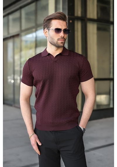 Madmext Mürdüm Slim Fit Polo Yaka Triko Erkek Tişört E7472