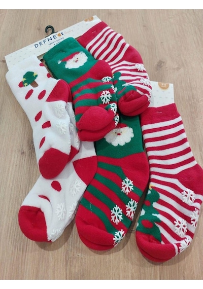 Defne Baby Kıpırık Baby 3 Çift Havlu Pamuklu Kışlık Yılbaşı Desenli Unisex Çocuk Ve Bebek Soket Çorap-459 ÇoK Renkli