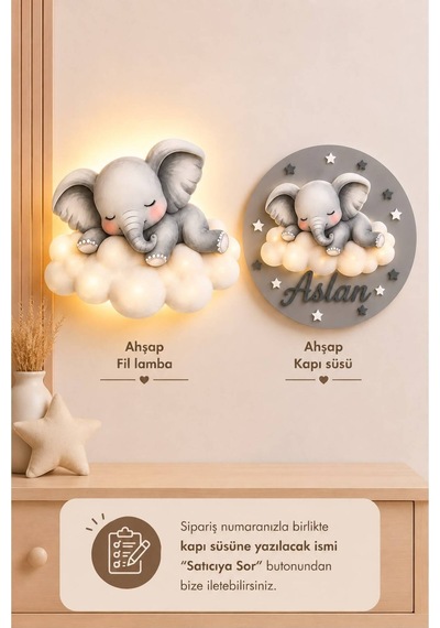 Ahşap Bulutlu Fil İsme Özel Pilli Ledli Gece Lambası Ve Unicorn Ahşap Kapı Süsü Seti Bebek Çocuk Odası Gri