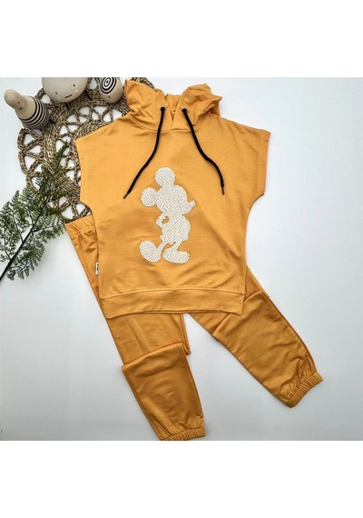 Pekminibebe 3-4-5 Yaş Kapşonlu Payetli Mickey Desenli Kısa Kol 2li Kız Erkek Çocuk Takımı Sarı