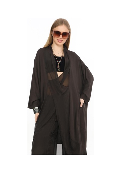 Bohem Stil Italyan Ipek Detaylı Oversize Kap Bluz- Wes Pantolon Takım-8863 Koyu Kahve Kahverengi