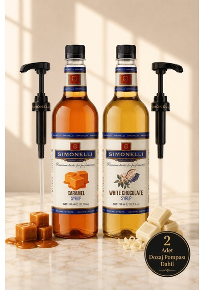 Simonelli Karamel & Beyaz Çikolata Aromalı Gurme Kahve ve Kokteyl Şurubu Seti 2 x 700 ML + Pompa
