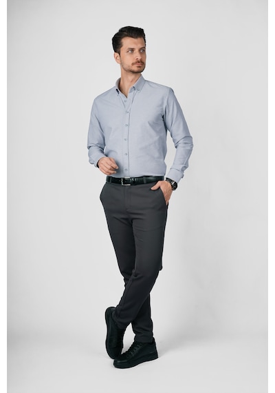 Gri Yaka Düğmeli Premium Şamre Slimfit Erkek Gömlek Gri