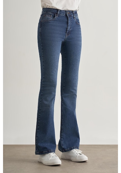 Mizalle Skinny Fit Flare Paça Koyu Mavi Denim Pantolon Mavi