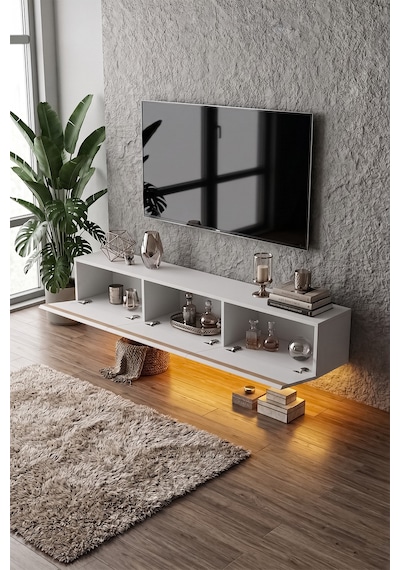 Pureline Tech Led Işıklı Tv Ünitesi 180 Cm - Modern Tv Sehpası - Beyaz
