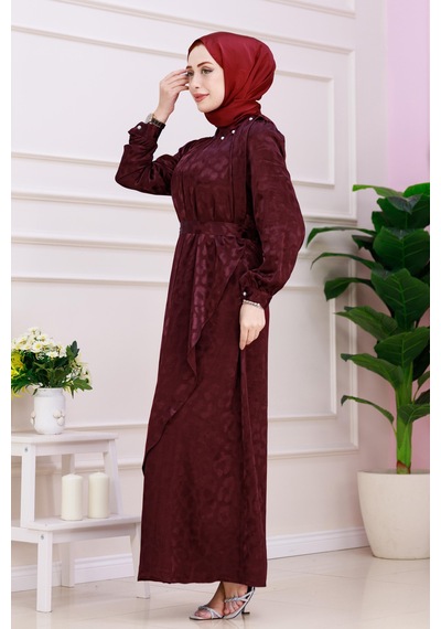 Kat Detaylı Eflan Saten Abiye-bordo-4835 Bordo