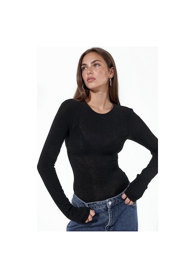 Hiccup Busem Slim Fit Uzun Kollu Transparan Bluz Siyah