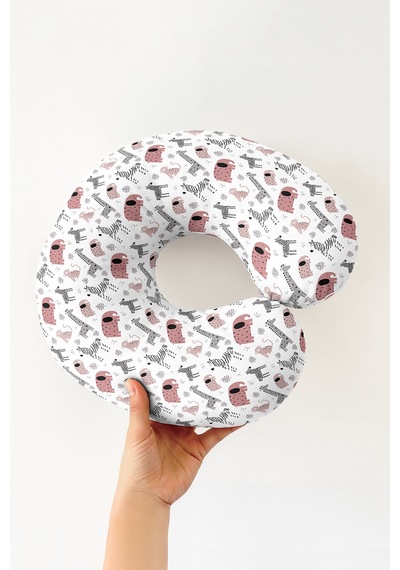Sevimli Hayvan Desenli Pamuklu Boyun Yastığı - Pastel Gri Pembe Çocuk & Yetişkin Seyahat Yastığı Mat Kobalt Mavi