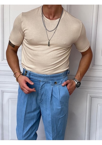 Modefendi Slim Fit Pamuk Triko Kumaş Tshırt Krem