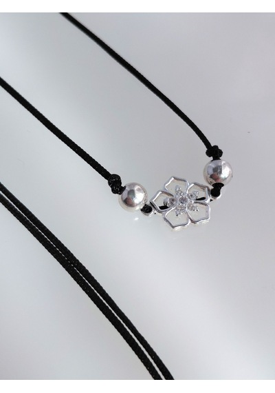 925 Ayar Gümüş Zirkon Taşlı Siyah Lotus Çiçek Tasarım Choker Kadın Kolye