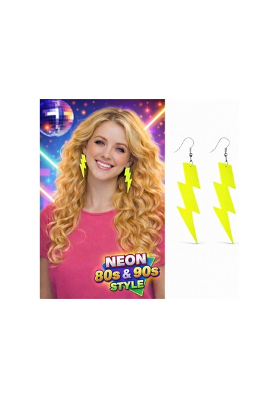 80 Ler 90&amp 39 Lar Retro Neon Sarı Şimşek Küpe 10 Cm - Evori-874153