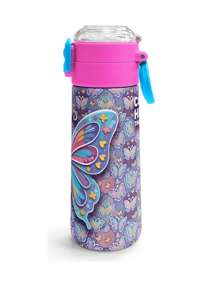 Coral High Kids Pastel Renkli Kelebek Desenli Pipetli Ve Direkt İçim Çelik Termos 500 Ml 38106 Pembe - Mavi