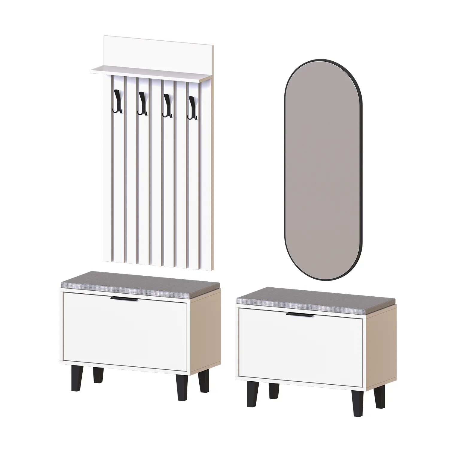 Nord Vestiyer Takımı Lambri Askılıklı, 2 Adet Kapaklı Bench, Modüler, Oval Aynalı Portmanto Takımı Beyaz Nord Vestiyer Takımı Lambri Askılıklı, 2 Adet Kapaklı Bench, Modüler, Oval Aynalı Portmanto Takımı Beyaz