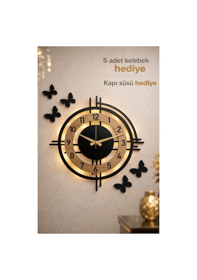 Duvar Saati Ahşap Desenli Siyah - Gold
