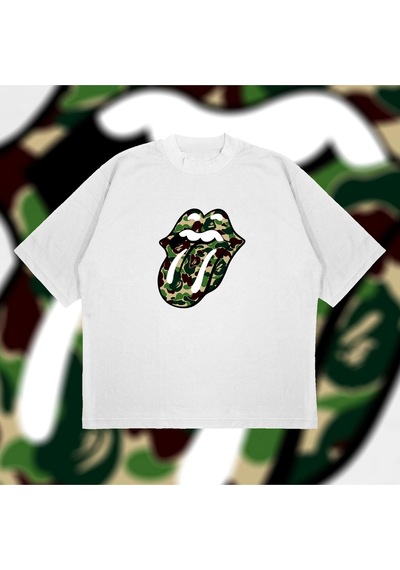 Tarzsokak A Bathing Ape X Rolling Stones Green Boxy Fit Oversize Unisex Tshirt Baskılı Tiş Beyaz