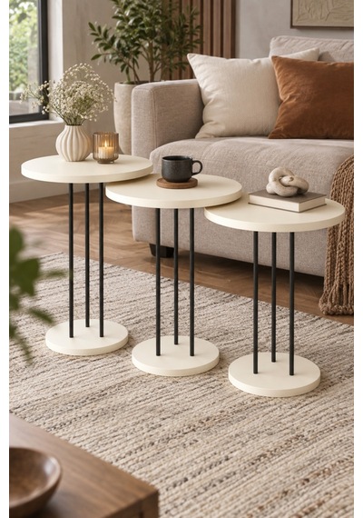 Sulorahome Metal Terra Zigon Sehpa Takımı Krem Bej 3'lü