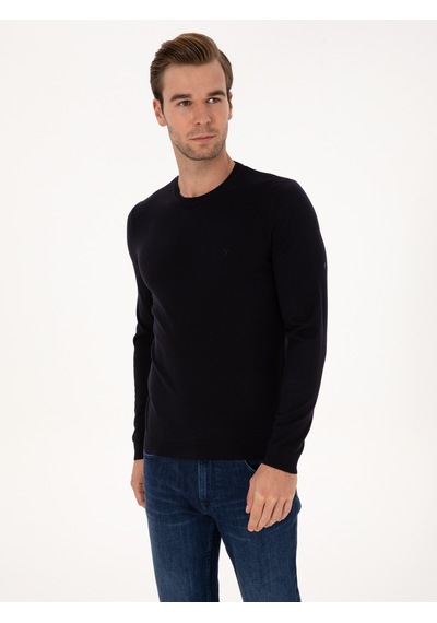 Cacharel Lacivert Slim Fit Pamuk Karışımlı Bisiklet Yaka Basic Triko Kazak