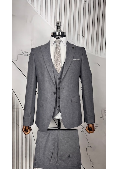 Dupont Classics Dupont Erkek Slim Fit Yelekli Takım Elbise 6 Drop Çift Yırtmaç Gri