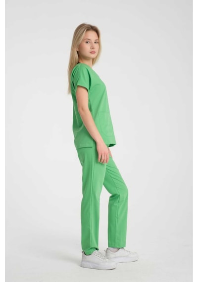 Üniforma V Yaka Fıstık Yeşil Likralı Unisex Doktor Hemşire Takım Scrubs Fıstık Yeşil