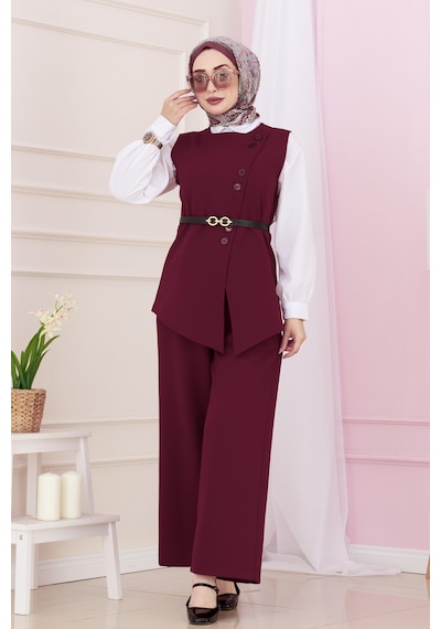 Sevitli Dora Pantolonlu Yelekli Takım-bordo-4895 Bordo