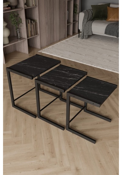 Bronte 3 Lü Zigon Sehpa, Metal Zigon Sehpa Siyah Mermer