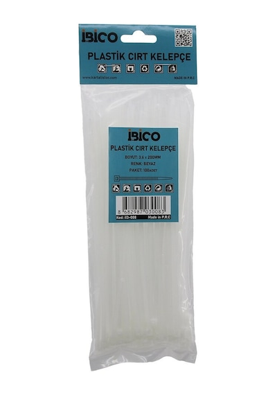 İbico İ13-008 Cırt Kelepçe 3.6x200mm 100 Adet Beyaz Plastik Kablo Bağı - 10'li Paket Diğer
