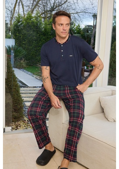 Relax Mode Erkek Laci Patlı Kısa Kol Alt Uzun Pijama Takımı - 6310-6r Lacivert