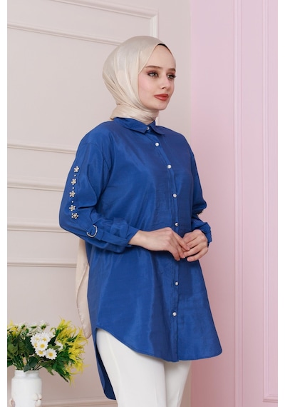 Sevitli Kolu Çakım Detaylı Tunik-mavi-4730 Mavi